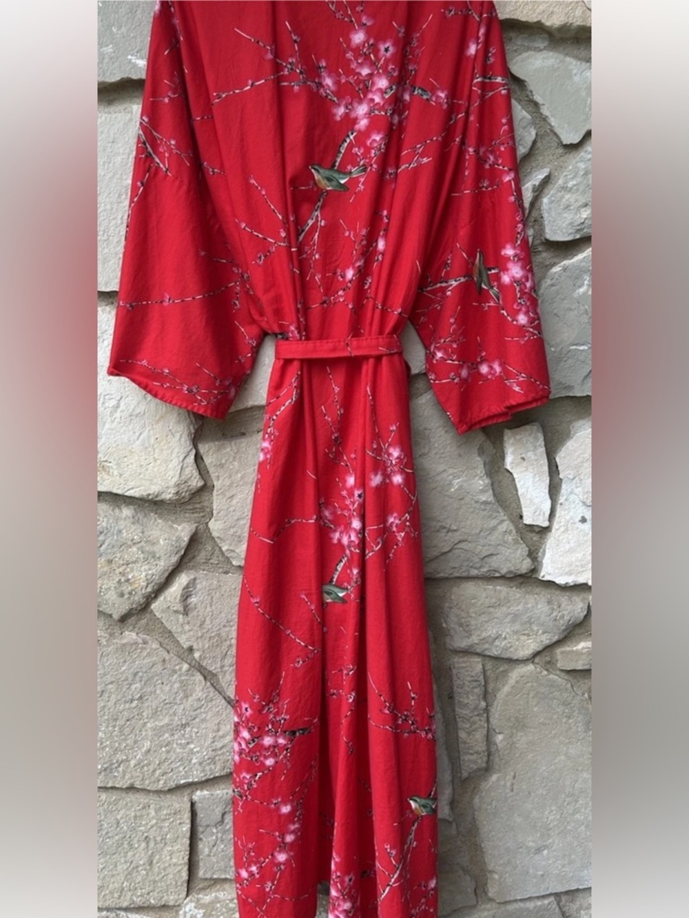 Smithsonian Institution Cotton Kimono Robe XL Red Cherry Blossoms Birds NWOT - Picture 5 of 8